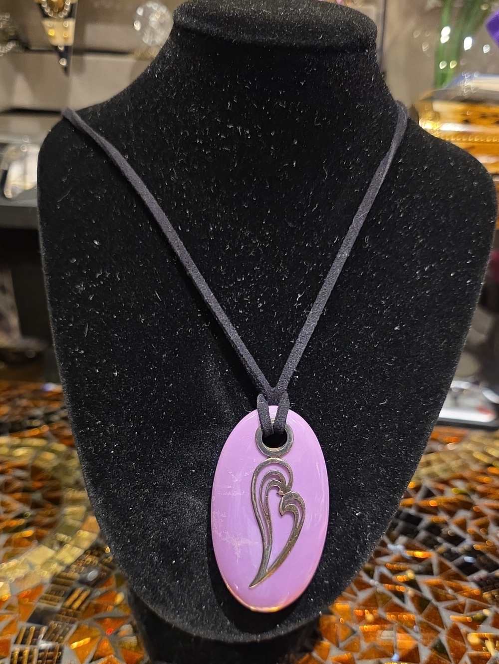 Lavender Heart Oval Pendant Necklace with Black Cord